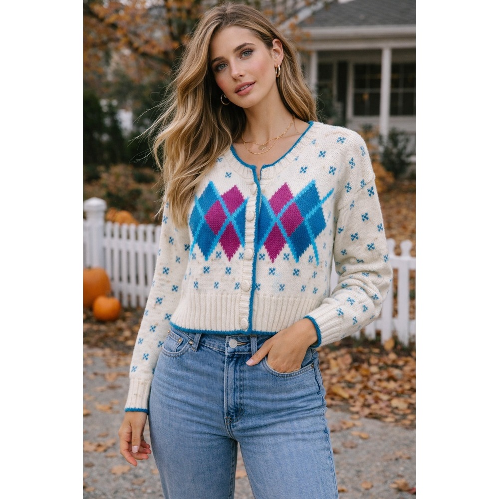 Michelle Stuart Medium Cardigan Womens White Argyle Excellent Hand Knit Ramie